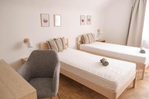 拉芬斯堡Bantle Pension Gästehaus Ravensburg的客厅配有两张床和椅子