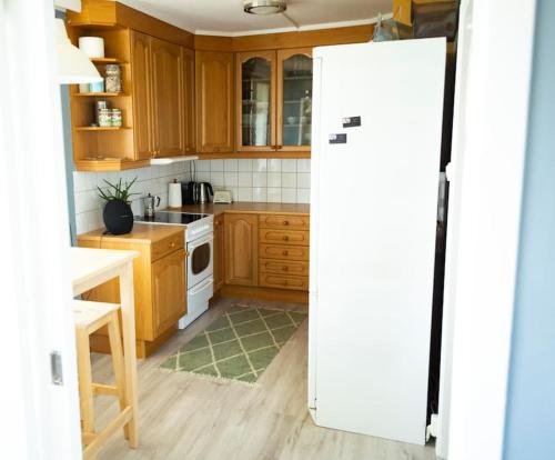 阿伦达尔5 minutes to downtown Arendal的厨房配有木制橱柜和白色冰箱。