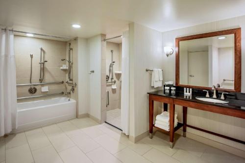 沃尔瑟姆Embassy Suites by Hilton Boston Waltham的一间带水槽、浴缸和镜子的浴室
