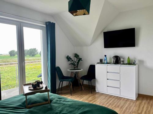 斯蒂格纳Bałtyckie Klimaty的一间卧室配有一张床、一台电视和一张桌子