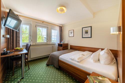 林道施翁花园加尼酒店的酒店客房配有一张床、一张书桌和一台电视。