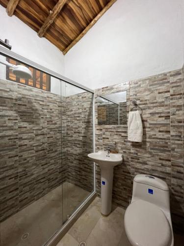 巴里查拉Villa Higueras的带淋浴、卫生间和盥洗盆的浴室