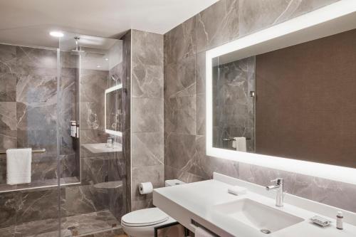 萨尔蒂约AC Hotel by Marriott Saltillo的一间带水槽、卫生间和镜子的浴室