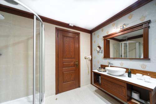 阿达纳Hotel Bosnali的一间带水槽、淋浴和镜子的浴室