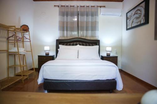 阿里斯蒂Euaggelias & Cristianas House的一间卧室配有一张带白色床单和梯子的床。