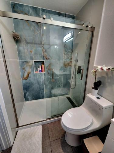 奥兰多Cozy Bedroom with Private Ensuite Bathroom - Room # 2 in SAHRED house NO PET的带淋浴和白色卫生间的浴室