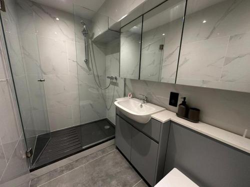 伦敦Two Bedroom House In Kilburn的带淋浴、盥洗盆和镜子的浴室