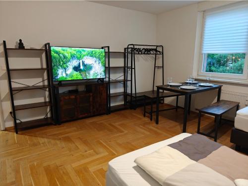 柏林2BR Apartment, Parking, Wi-Fi, TV in Berlin Karow的客厅配有平面电视和桌子。