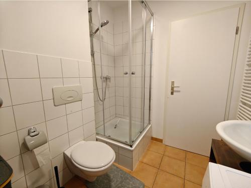 柏林2BR Apartment, Parking, Wi-Fi, TV in Berlin Karow的带淋浴、卫生间和盥洗盆的浴室