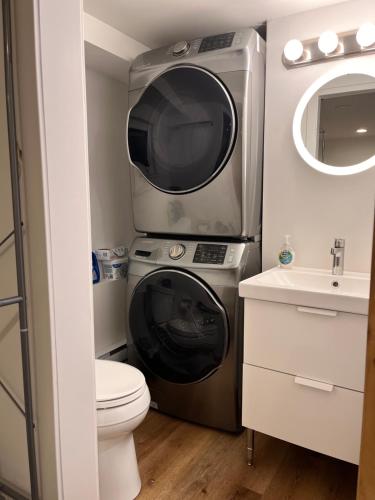 温哥华Neat, compact, private room in a lovely Vancouver neighbourhood的小型浴室设有洗衣机和水槽。