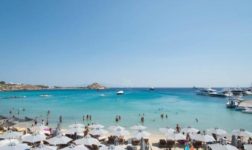 普拉迪斯亚罗斯Acrogiali Beachfront Hotel Mykonos的一群人,在海滩上