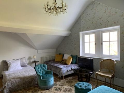 Ris-OrangisDomaine de Ris的一间卧室配有两张床、一把椅子和一个吊灯。