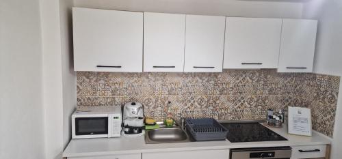 布雷佐伊Green Nest的厨房配有白色橱柜、水槽和微波炉