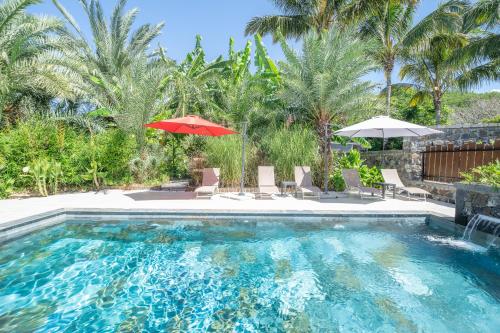 圣路易斯Ô Ruisseau Lodge lodge Cocotier的一个带椅子和遮阳伞的游泳池,并种植了棕榈树