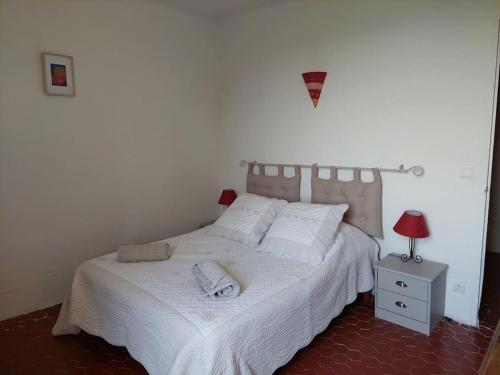 圣萨蒂南艾普特Maison de César的一间卧室配有一张带白色床单和一盏灯的床。