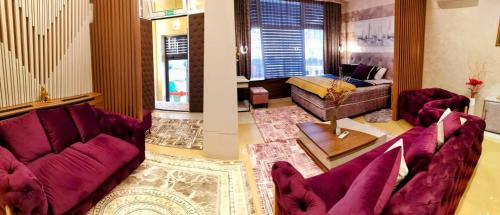 克拉列沃HELGA apartmani BOSS i PRESIDENT的客厅配有紫色椅子和沙发