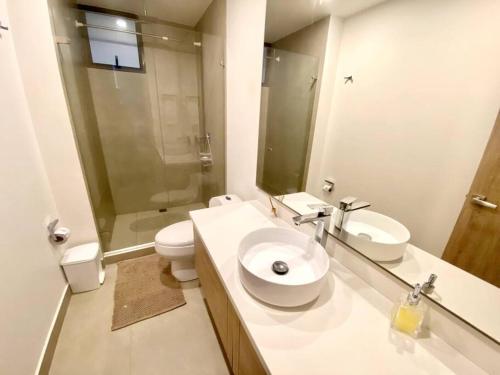 卡塔赫纳Morros Zoe - Beautiful Apartment on Manzanillo Beach的一间带水槽、卫生间和淋浴的浴室