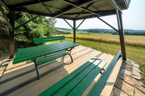 达奇采Obytný posed Šach的绿色的公园长凳,坐在木甲板上