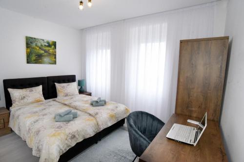里耶卡Commodious house in Rijeka with 5 bedrooms的一间卧室配有一张床和一张带笔记本电脑的书桌
