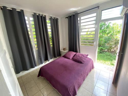 大博格La Villa Ti-Louise à Marie-Galante的卧室的窗户前配有紫色床