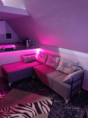 穆拉Doğayla iç içe huzur dolu deneyim的客厅配有粉红色照明的沙发