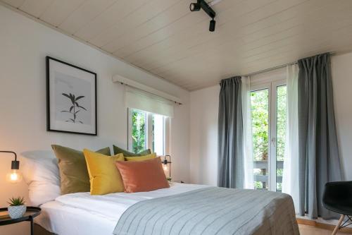 圣加仑Inn Joy Apartments - Sankt Gallen West的一间卧室配有一张带色彩缤纷枕头的大床