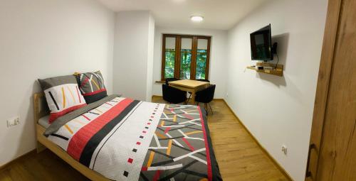 耶德利纳-兹德鲁伊Mountain View Guest Rooms的一间卧室配有一张床、一张书桌和一台电视