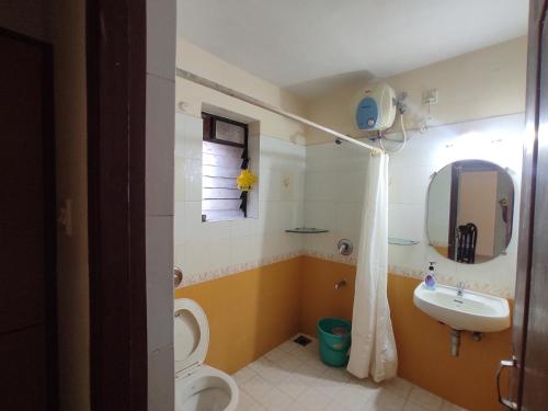 科尔瓦Beach Apartment 2,COLVA , GOA, INDIA的一间带水槽、卫生间和镜子的浴室
