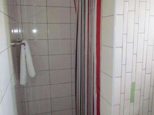 尼耶利Eland Safari Hotel Nyeri的一间带红色淋浴帘的淋浴的浴室