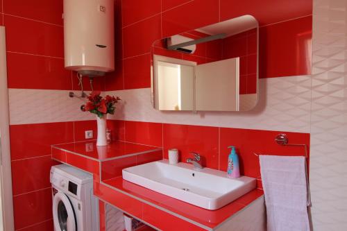 莫斯塔尔Skywalk House的红色的浴室设有水槽和镜子