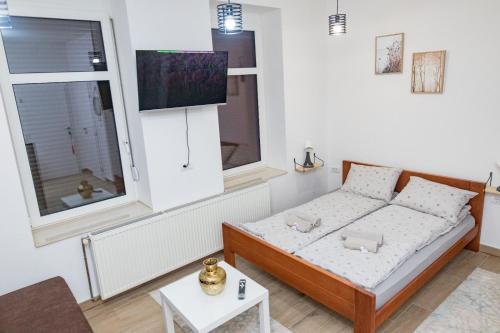 萨拉热窝Charm apartment-Center of Sarajevo的一间小卧室,配有床和2个窗户