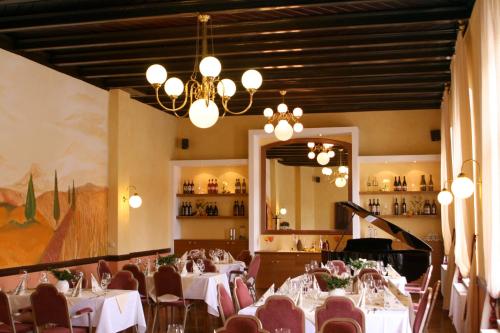 巴德克洛斯特尔劳斯尼茨匹尔萨酒店的一间带桌椅和吊灯的用餐室