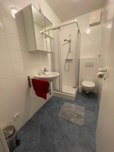 巴德加斯坦Haus Burgman Bad Gastein - appartement met 4 slaapkamers的带淋浴、盥洗盆和卫生间的浴室