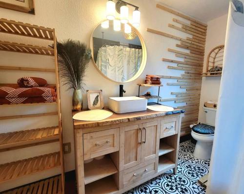 坦帕Cozy AF Jungle-House Hideaway的一间带水槽和镜子的浴室