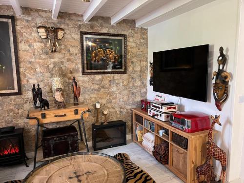 库列雷多Casa Vacacional La Coruña的一间带电视和石墙的客厅