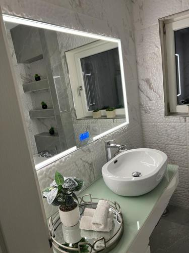 比尔基卡拉Neagoe residents的白色的浴室设有水槽和镜子