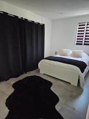 马赛Bas de villa au calme的一间卧室配有一张带黑色窗帘和黑色地毯的床。