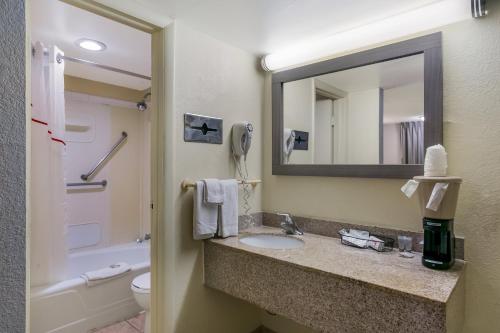 巴尔的摩Red Roof Inn Baltimore的一间带水槽、卫生间和镜子的浴室