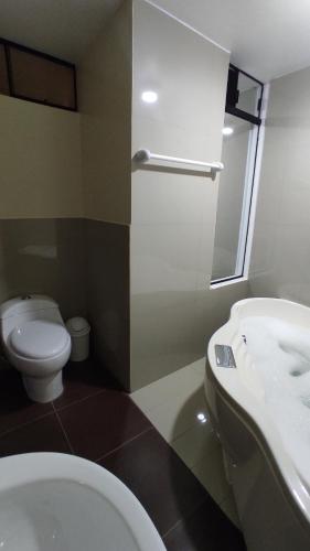 瓦努科HOTEL LA BELLA Y EL LEON的浴室配有白色卫生间和盥洗盆。