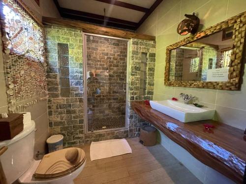 拉迪格岛拉迪格岛度假别墅酒店的一间带水槽、卫生间和镜子的浴室