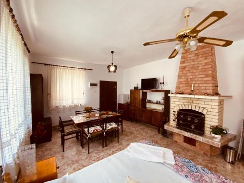 卡赞勒克Къщи за гости Армагански път的带壁炉的客厅和用餐室