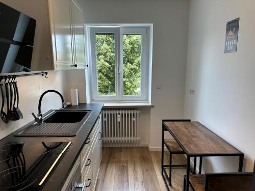 奥格斯堡MM Lodge - Apartments in Innenstadtlage mit Parkplatz的厨房设有水槽和窗户。