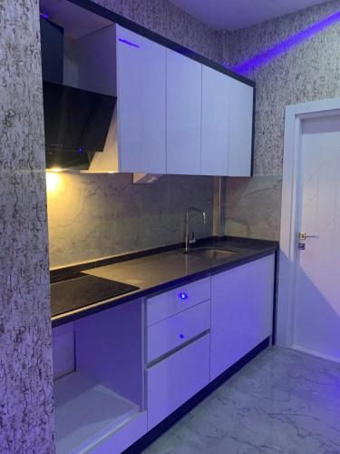 安塔利亚Antalya centre的厨房配有白色橱柜和水槽