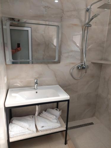 伏罗拉SOLE INN的一间带水槽、淋浴和镜子的浴室