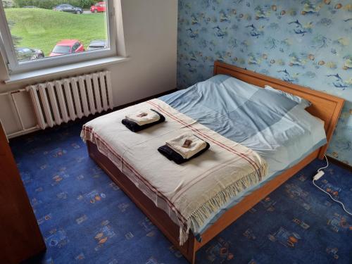 考纳斯Eva's apartments的一间卧室配有一张床,上面有两条毛巾