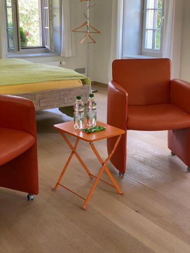 OberburgB&B tannen124的一间房间,配有两把椅子和两瓶桌子