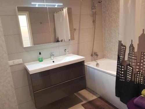 纳尔瓦约埃苏Sunny Beach Apartment的浴室配有盥洗盆、镜子和浴缸