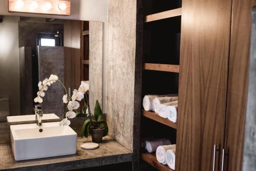萨尤利塔DISTRITO 88 - Hotel Boutique Only Adults的浴室配有盥洗盆、镜子和毛巾