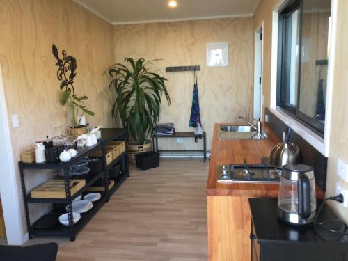 陶波Whakaipo Bay Cabin Retreat Taupo的一个带木台面和植物的厨房