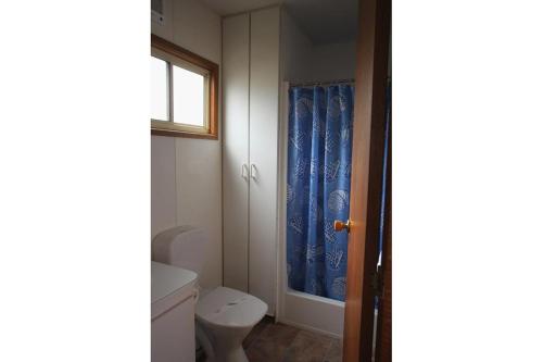 FyshwickSouthside Village的浴室设有卫生间和蓝色的浴帘。